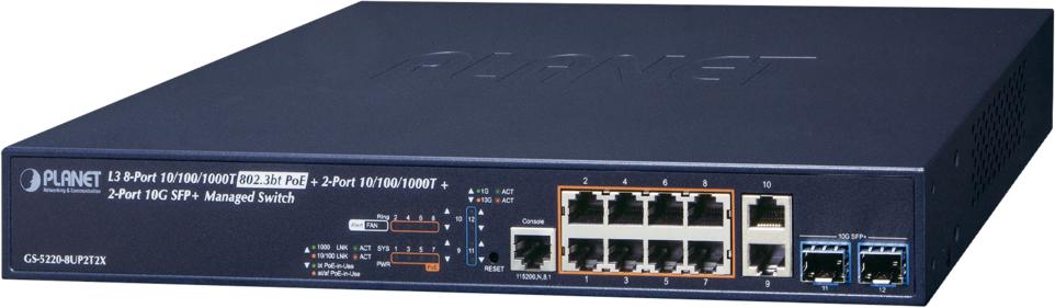 Коммутатор PLANET GS-5220-8UP2T2X L3 8-Port 10/100/1000T 75W 802.3bt PoE + 2-Port 10/100/1000T + 2-Port 10G SFP+ Managed Switch (240W PoE Budget, ERPS Ring, ONVIF, Cybersecurity features, Hardware Layer3 OSPFv2 and IPv4/IPv6 Static Routing)