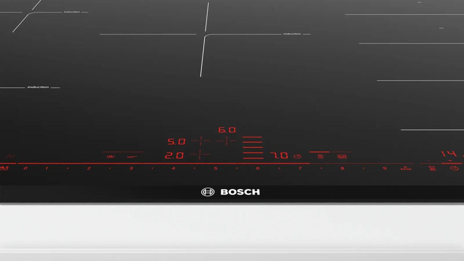 Встраиваемая индукционная панель BOSCH Индукционная, 5.1x80.2x52.7, стеклокерамическая поверхность, индукция, независ., без рамки, цвет:черный