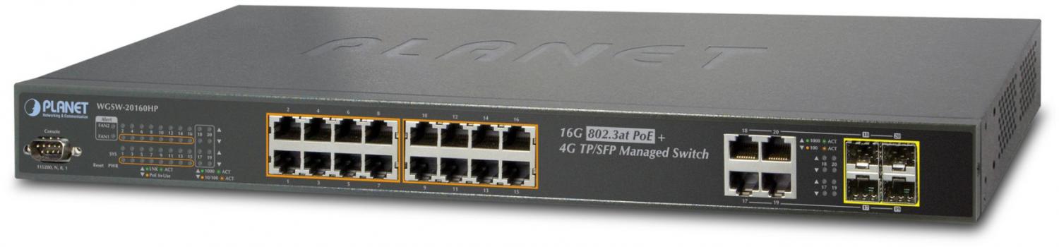 коммутатор PLANET WGSW-20160HP IPv6 Managed 16-Port 802.3at PoE Gigabit Ethernet Switch + 4-Port SFP (230W)