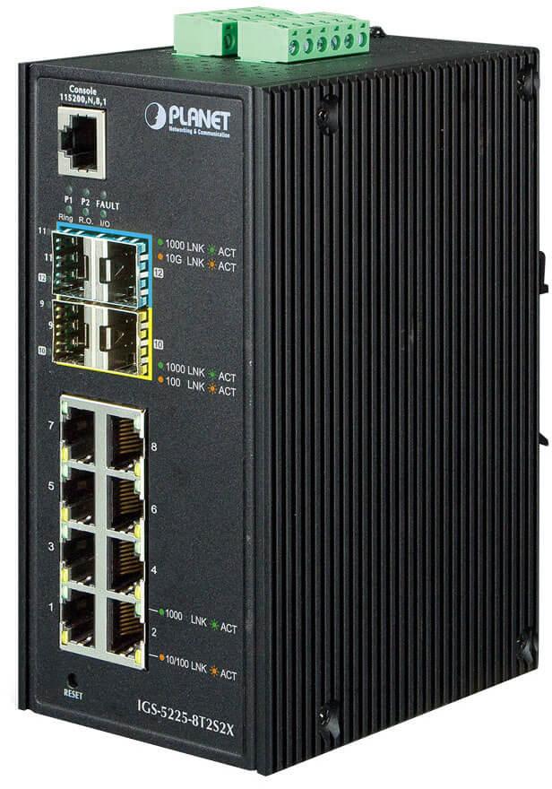 Коммутатор IGS-5225-8T2S2X PLANET IP30 Industrial L2+/L4 8-Port 1000T + 2-port 100/1000X SFP + 2-port 10G SFP+ Full Managed Switch (-40 to 75 C, dual redundant power input on 12~48VDC terminal block, DIDO)