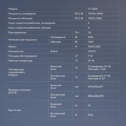 Сплит-система Vitek VT-2501 настенная, до 20м2, 7000 BTU