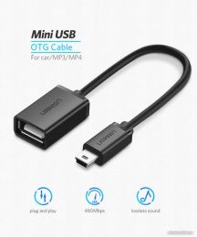 Кабель UGREEN US249 10383 Mini USB 5Pin Male To USB 2.0 A Female OTG Cable. Длина 10 см. Цвет: черный (10383_)
