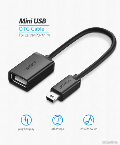 Кабель UGREEN US249 10383 Mini USB 5Pin Male To USB 2.0 A Female OTG Cable. Длина 10 см. Цвет: черный (10383_)