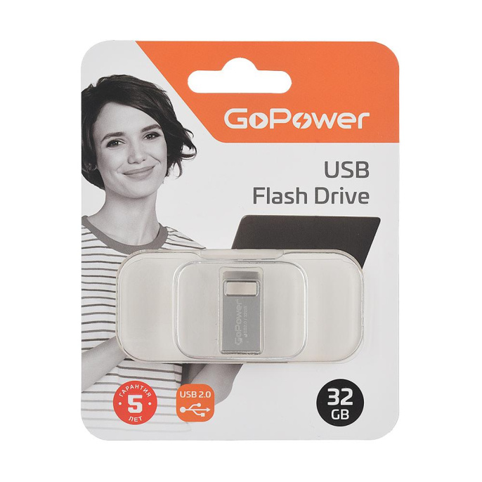 Флеш-накопитель GoPower MINI 32GB USB2.0 металл серебряный 1/50/1000