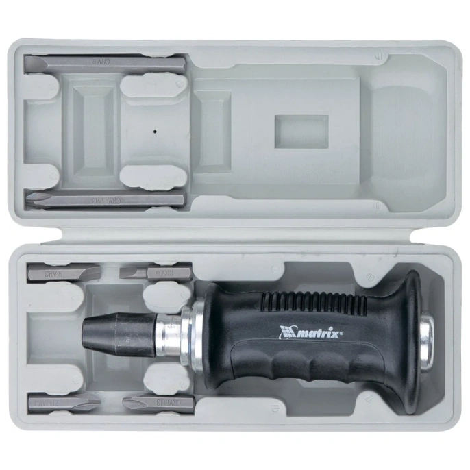 Ударно-поворотная отвертка 1/2", набор бит, 6 шт., черная ручка ПРОФИ, в пластиковом боксе MATRIX 11561