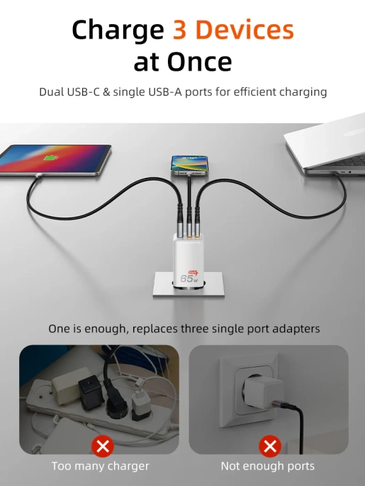 Зарядное устройство CABLETIME G65AW (CT-GAN65A-PW) GaN PD3.0 2C1A 65 Вт, белый