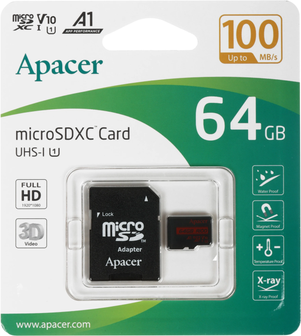 Карта памяти Apacer R100 64GB AP64GMCSX10UB-R microSDXC, класс 10, UHS-I класс U1 , V10, A1, скорость чтения: 100МБ/с, с адаптером