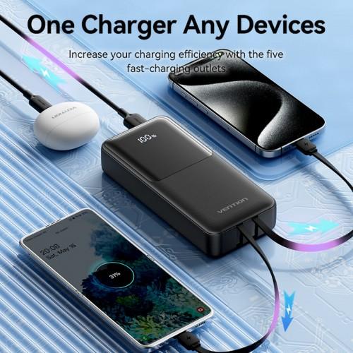 Power Bank Vention 20000mAh Micro-USB/C/A/A со встроенными кабелями 22.5W Чёрный с LED Дисплеем, шт. FHPB0