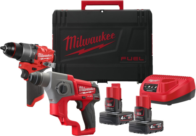 Набор электроинструментов Milwaukee M12FPP2X2-402X 4933498741 включает в себя: дрель M12 FPD2-602X, гайковерт M12 FCIWF12G3-502X, напряжение аккумулятора: 12 В, 2 аккумуляторных блока M12 B4, зарядное устройство