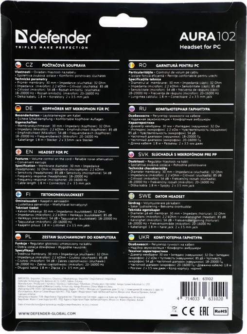 Гарнитура Defender Aura 102,  для компьютера, накладные,  проводные, черный [63102]
