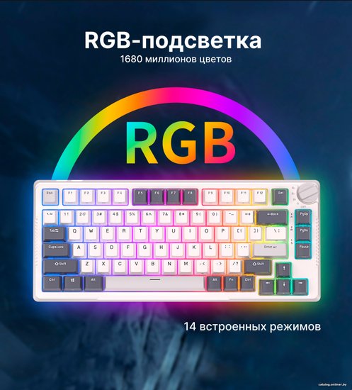 Клавиатура Royal Kludge RK-H81 (White Night, серый, черный, бежевый, USB/2.4 GHz/Bluetоoth, подсветка RGB, горячая замена клавиш Hot Swap, небесно-голубые свичи)