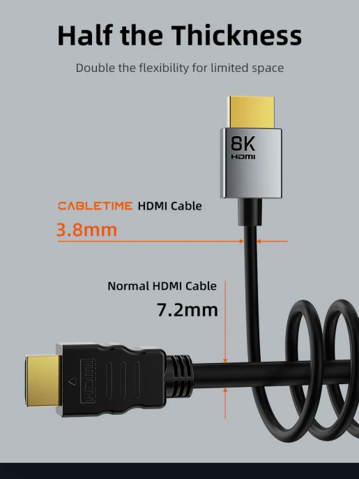 Кабель CABLETIME CH14L (CT-SHD8K-AG2) 2 м, 8K SLIM HDMI 2.1, позолоченный, 8K/60 Гц, черный
