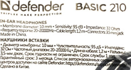 Defender Наушники вставки Basic 210 черный, кабель 1.2 м 63211