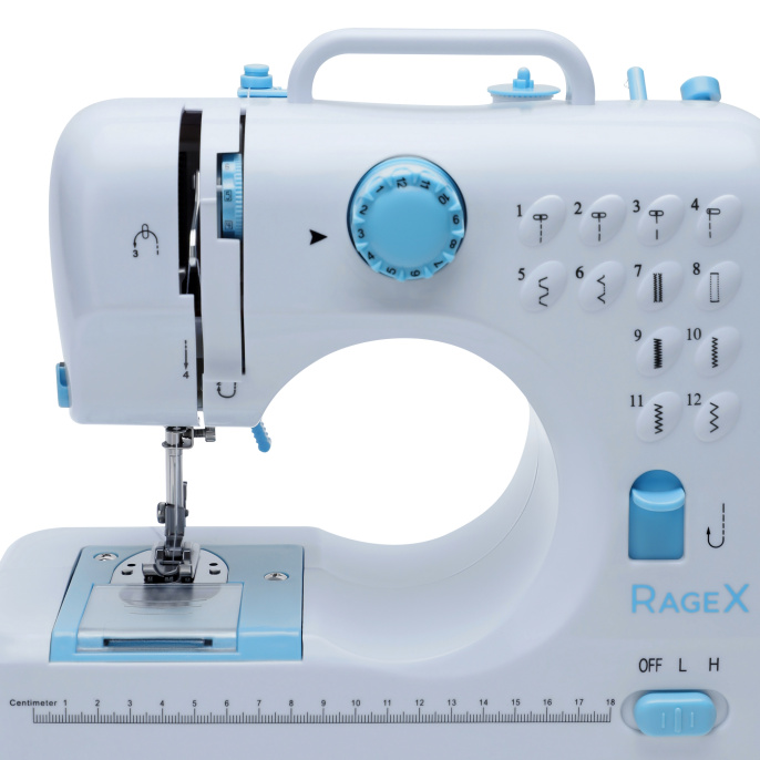 Швейная мини-машинка RAGEX R1102-100, 12 типов стежков, 2 скорости + педаль, белая с голубым