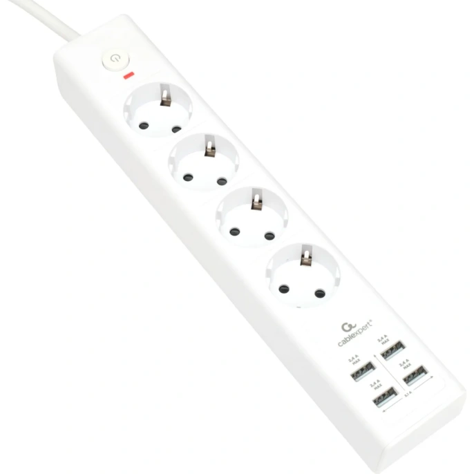 Сетевой фильтр Cablexpert exnovo, 4р, 16а, 4хusb, 3.4a, 2м, ур.защиты 4+, белый, коробка, EXN-4-U4-W-2