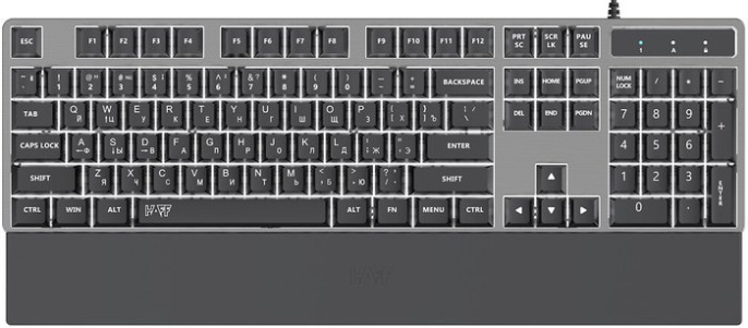 Клавиатура HAFF Gravix (KBD-GK150) (мембранная, проводная: USB, алюминиевая панель, подставка под запястье, RGB- подсветка, 1.6 м плетеный кабель, цвет: серебристый)