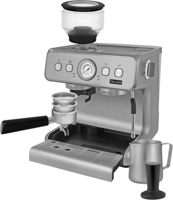 Кофемашина автоматическая Rondell RDE-1105,  15Бар,  с ручным капучинатором,  серебристый