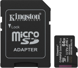 Карта памяти Kingston SDCS3/64GB  SecureDigital Micro 64GB microSDXC Canvas Select Plus Gen3 100MB/s A1 Card + Adapter (Full HD Video)