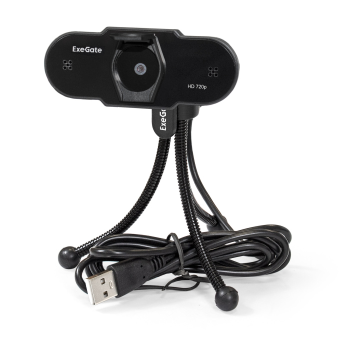Веб-камера ExeGate BlackView C525 HD Tripod 1.3Мп, 1280х720, 720P, 30fps, защитная шторка, штатив Flex в комплекте, фиксированный фокус, 4-линзовый объектив, микрофон с шумоподавлением, универсальное крепление, USB, кабель 1,5 м, Windows® 7/8/10/11, Mac