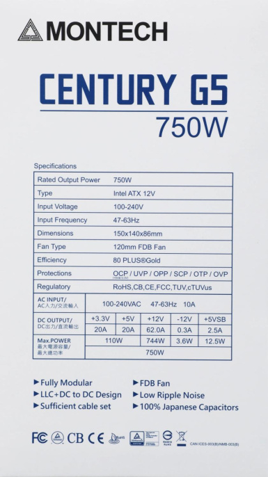 Блок питания Montech ATX 750W CENTURY GOLD G5 80+ gold 20+4pin APFC 120mm fan 10xSATA Cab Manag RTL (CENTURY GOLD G5 750)