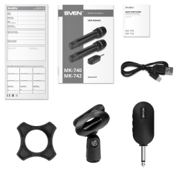 Микрофон Sven MK-740 SV-022532 беспроводной, динамический, ручной, кардиоидная направленность, 100-12000 Гц, 60 дБ, разъем подключения: 6.3 мм, радиус действия: до 25 м, время работы до 12 часов, аккумулятор микрофона: Li-Ion 180mAh, аккумулятор ресиве