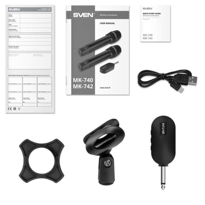 Микрофон Sven MK-740 SV-022532 беспроводной, динамический, ручной, кардиоидная направленность, 100-12000 Гц, 60 дБ, разъем подключения: 6.3 мм, радиус действия: до 25 м, время работы до 12 часов, аккумулятор микрофона: Li-Ion 180mAh, аккумулятор ресиве