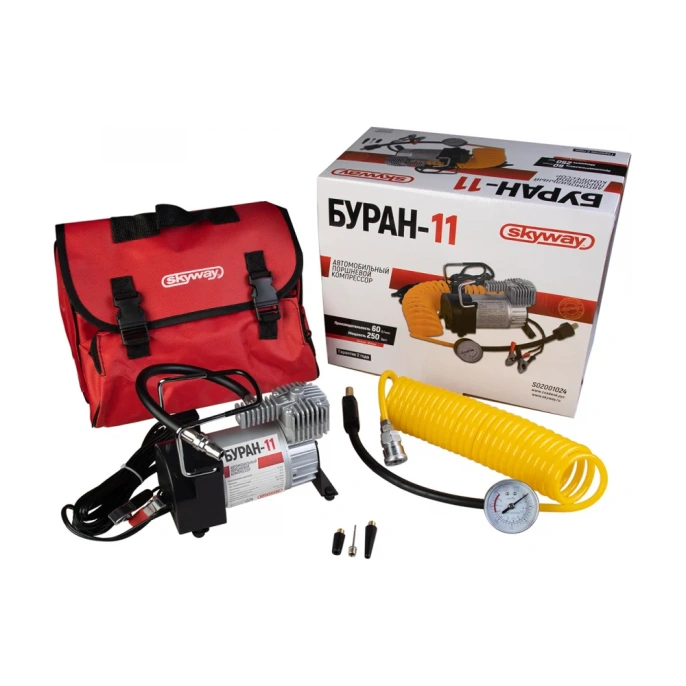 Металлический компрессор SKYWAY 60 л/мин с крокодилами БУРАН-11 3 насадки, сумка, 10 атм S02001024