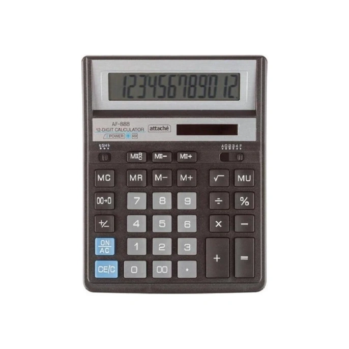 Настольный полноразмерный калькулятор Attache af-888, 12-разрядный, двойное питание, 204x158 мм, черно-серый 1550712
