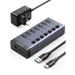 Хаб UGREEN CM481 (90307) USB-C to 7-Port USB-A 3.0 Hub DC 12V EU. Цвет: черный
