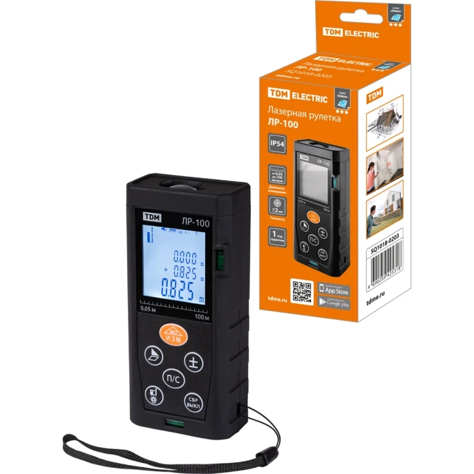 Лазерная рулетка TDM ELECTRIC ЛР-100 дальность 100 м, точность 2 мм, подсветка, IP54, 2хAAA, “Алмаз” SQ1018-0203