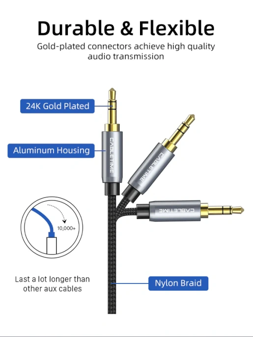 Удлинительный аудиокабель CABLETIME CF11K (CT-AV311-P11F-SG1.8) 1.8 м, AUX стерео 3,5 мм (1/8") штекер-штекер, медный, черный ПВХ нейлоновый