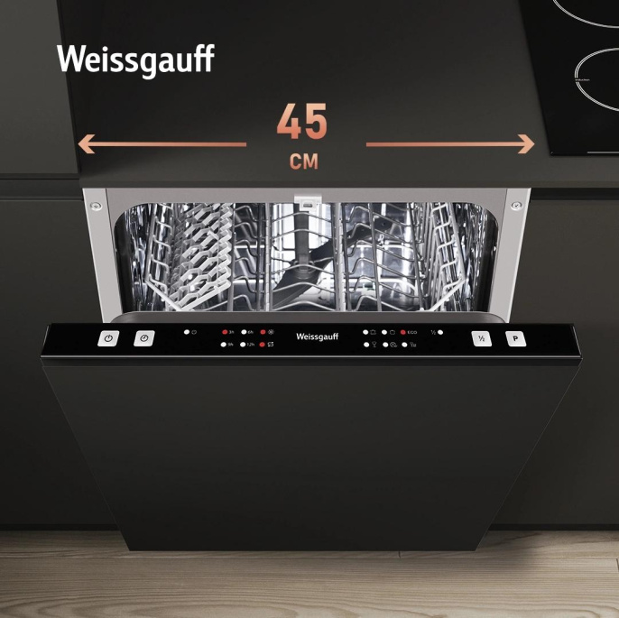 Встраиваемая посудомоечная машина WEISSGAUFF BDW 4026, узкая, ширина 44.8см, полновстраиваемая, загрузка 9 комплектов 432977