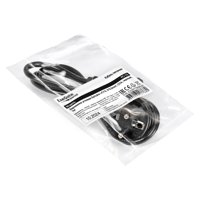 Кабель питания ExeGate Special PC-1S-Schuko(У)->C13/3x0.5 (Евровилка угловая EU/Тип F(Schuko) ->IEC 320 C13, 3*0.5mm2, CCA, черный, 1м) EX297785RUS