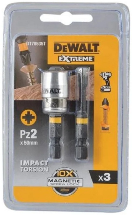 Бита DeWalt DT70535T-QZ тип биты: односторонняя, тип шлица: крест PZ2, тип хвостовика: шестигранный HEX , диаметр хвостовика: 6.35мм, материал изготовления: инструментальная сталь, комплектация: бита PZ2 2шт, магнитный держатель