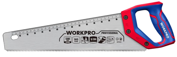 Ножовка WorkPro WP215011 500мм эргономичная ручка, со шкалой, прочное пильное полотно SK5, острые трехгранные зубья, конструкция 11 TPI, подходит для быстрой резки древесины, бамбука, ПВХ