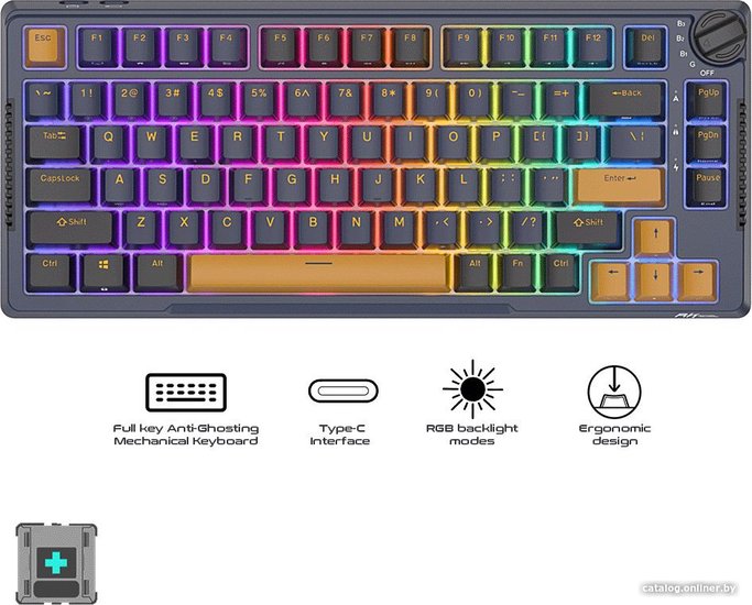 Клавиатура Royal Kludge RK-H81 Star Night черный/коричневый, механическая, USB/2.4 GHz/Bluetoоth, подсветка RGB, горячая замена клавиш, Sky Cyan свичи