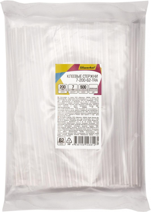 Cтержни клеев. для клеев.пист. Silwerhof 7-200-62-TRA дл.200мм D7мм прозрачный упак:62шт