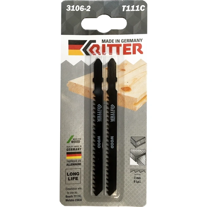 Пилки для лобзиков по дереву Eco Т111C CrV, 100х75 мм, шаг 3 мм/8TPi, 2 шт RITTER PS17111112