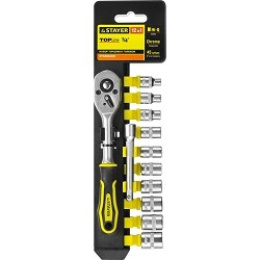 Набор STAYER "STANDARD": Торцовые головки 1/4" на пластиковом рельсе, трещотка, удлинитель, 4-13мм, 12 предметов [27754-H12]