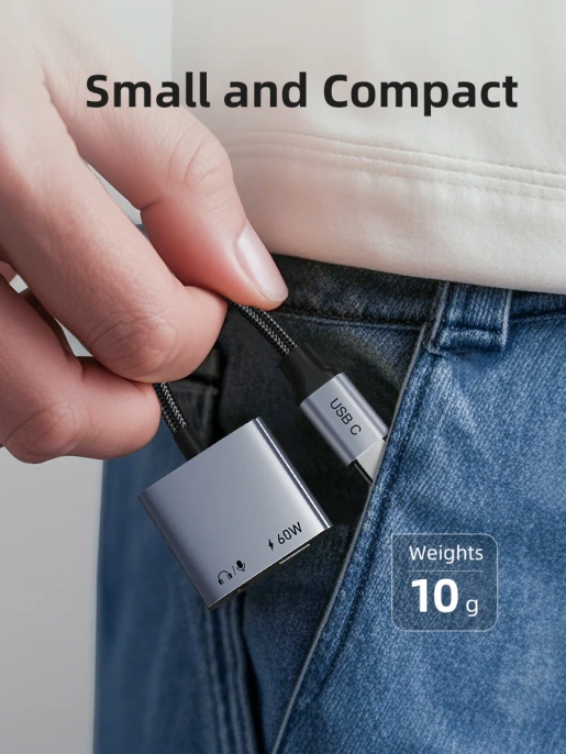 Адаптер CABLETIME CPA1G (CT-CMAC-AG) USB C на 3,5 мм аудио+USB C PD 60 Вт
