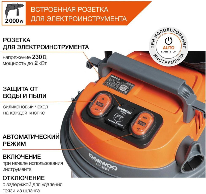 Строительный пылесос Daewoo DAVC 6030S,  серебристый