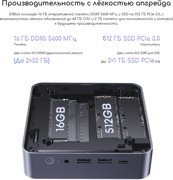 Неттоп Acer Gadget E10 ERBox AMD Ryzen 7 8745HS,  DDR5 16ГБ, 512ГБ SSD, AMD Radeon 780M,  Windows 11 Pro,  черный [1747236]