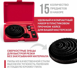 Набор кольцевых пил P.I.T. AWOD05-0015 (по дереву, 15 шт, 19-127мм, глубина 25мм, адаптер, кейс)