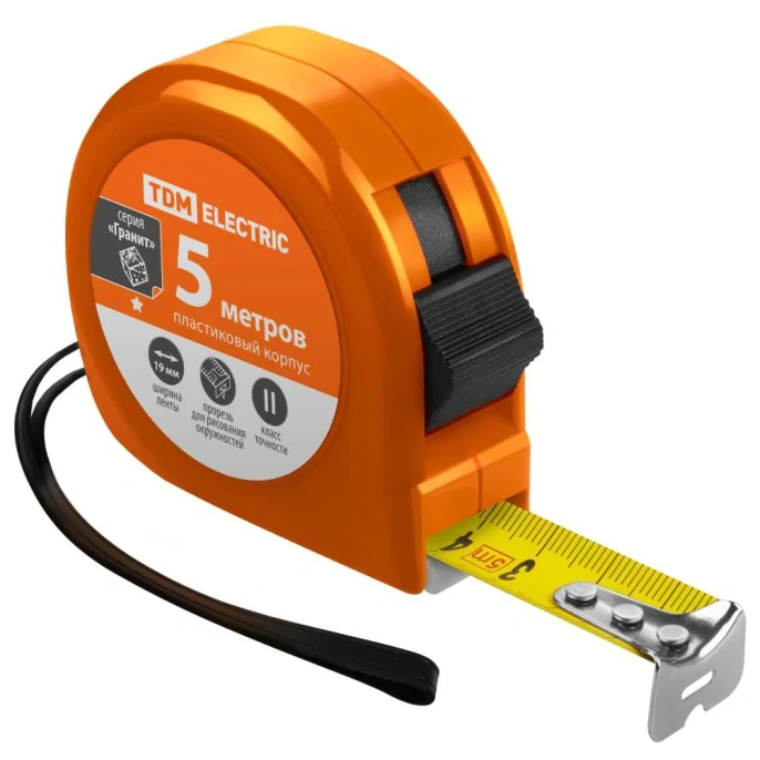 Рулетка TDM ELECTRIC длина 5 м, стальная лента, ширина 19 мм, пластиковый корпус, "Гранит" SQ1018-0102