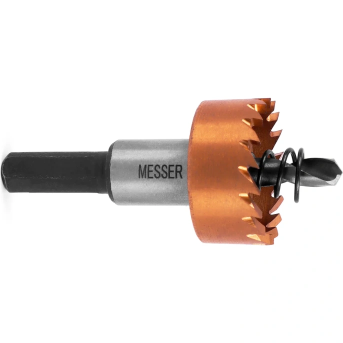 Коронка HSS-TiN 27 мм, с центровочным сверлом и толкающей пружиной для листового материала до 2 мм, ц/х MESSER 21-02-027