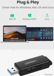 Кардридер UGREEN CM104 40752 USB 3.0 to TF + SD Dual Card Reader. Цвет: черный