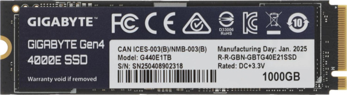 Твердотельный накопитель SSD Gigabyte M.2 2280 1TB Gen4 4000E SSD PCI Express 4.0x4, NVMe 1.4, 4000/3900, MTBF 1.5M, 3D NAND, 320TBW, RTL G440E1TB