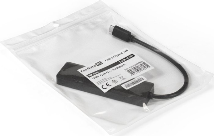USB-Хаб (концентратор) 4-в-1 ExeGate DUB-4CP/1 (кабель-адаптер USB Type C --> 4xUSB3.0, доп. разъем USB Type-C для подключения источника питания, Plug&Play, черный) EX293986RUS