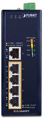 Коммутатор PLANET IGS-504HPT IP30 5-Port Gigabit Switch with 4-Port 802.3AT POE+ (-40 to 75 C)