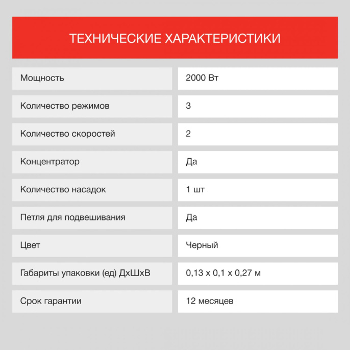 Фен StarWind SHP6103, 2000Вт, черный